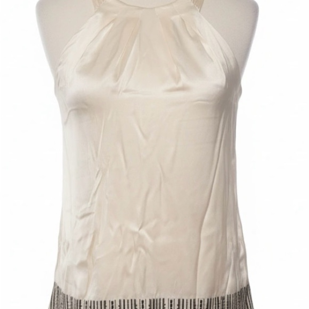 White House Black Market 100% Silk Cream Black Embroidered Bottom Tank Top Sz 8 - Picture 4 of 13